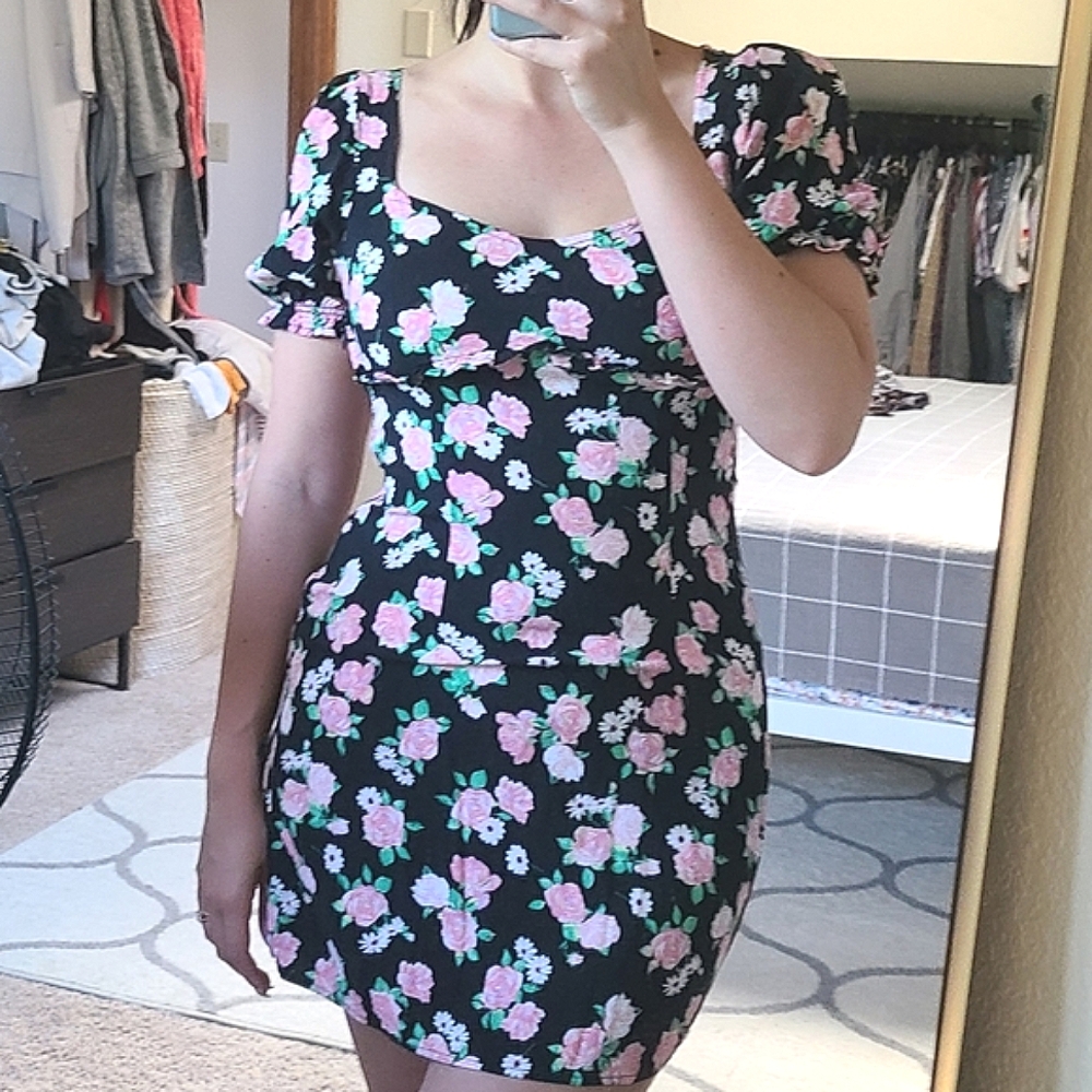 H&M Square Neck Floral Black Dress